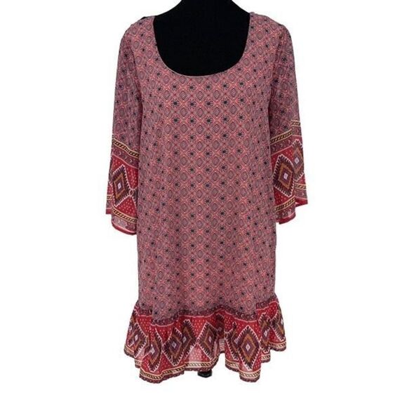 As U Wish Womens Agryle Pattern Dress‎ Lace Back 3/4 Sleeve Ruffle Red Medium - Picture 1 of 8